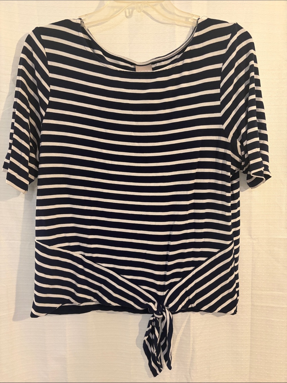 Chico's Navy & White Striped Short-Sleeve Tie-Front Top
